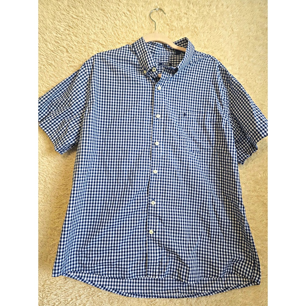IZOD Mens XL Blue White Check Short Sleeve Button Up Shirt Pockets Cotton Poly